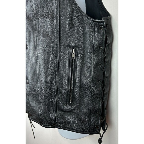 Mens First Classics Black Leather Snap Front Side Lace Motorcycle Vest Size XL - Picture 10 of 14